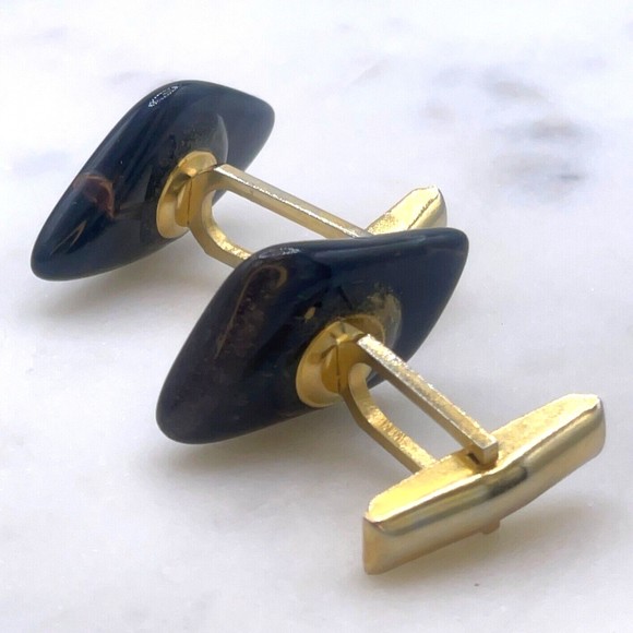 Unknown Gemstone Stone Accent Translucent Black Gold Mens Whale Back Cufflinks - Picture 5 of 8
